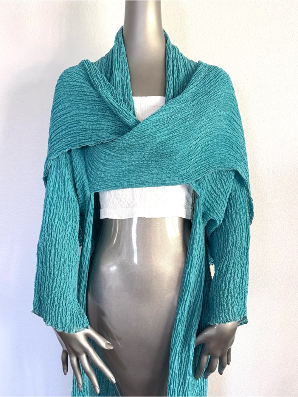 URU Dream Coat 100% Silk Crinkle Duster Cardigan Turquoise Size 2 NWT - Picture 3 of 12